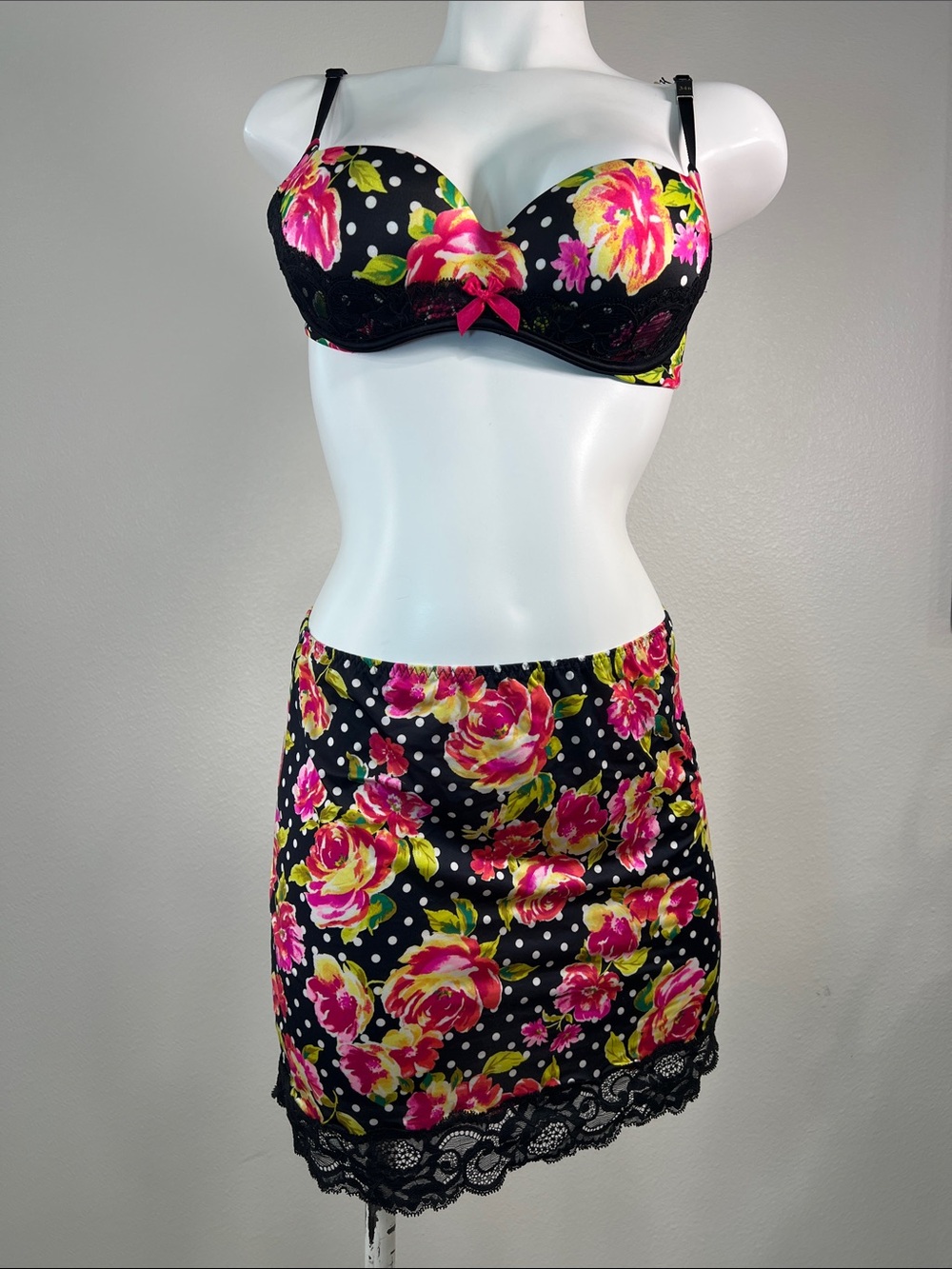Victoria's Secret Floral Balconnet Bra & Skirt Set with Pink & Yellow Roses